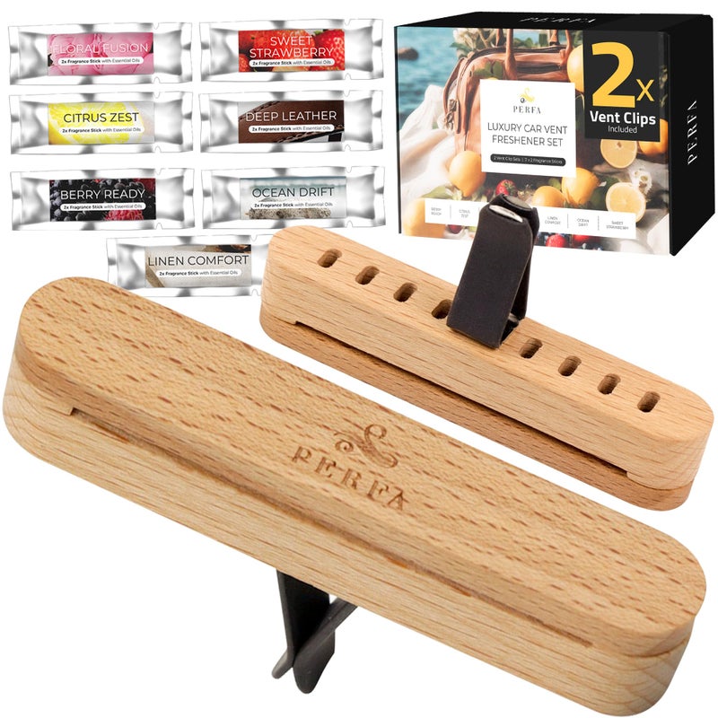 Premium Wooden Car Air Freshener Vent Clip  Box of 7 Scents Long Lasting Car Air Freshener with Magnetic Clip  Infused with Essential Oils  60 Days Worth of Car Scents by Perfa